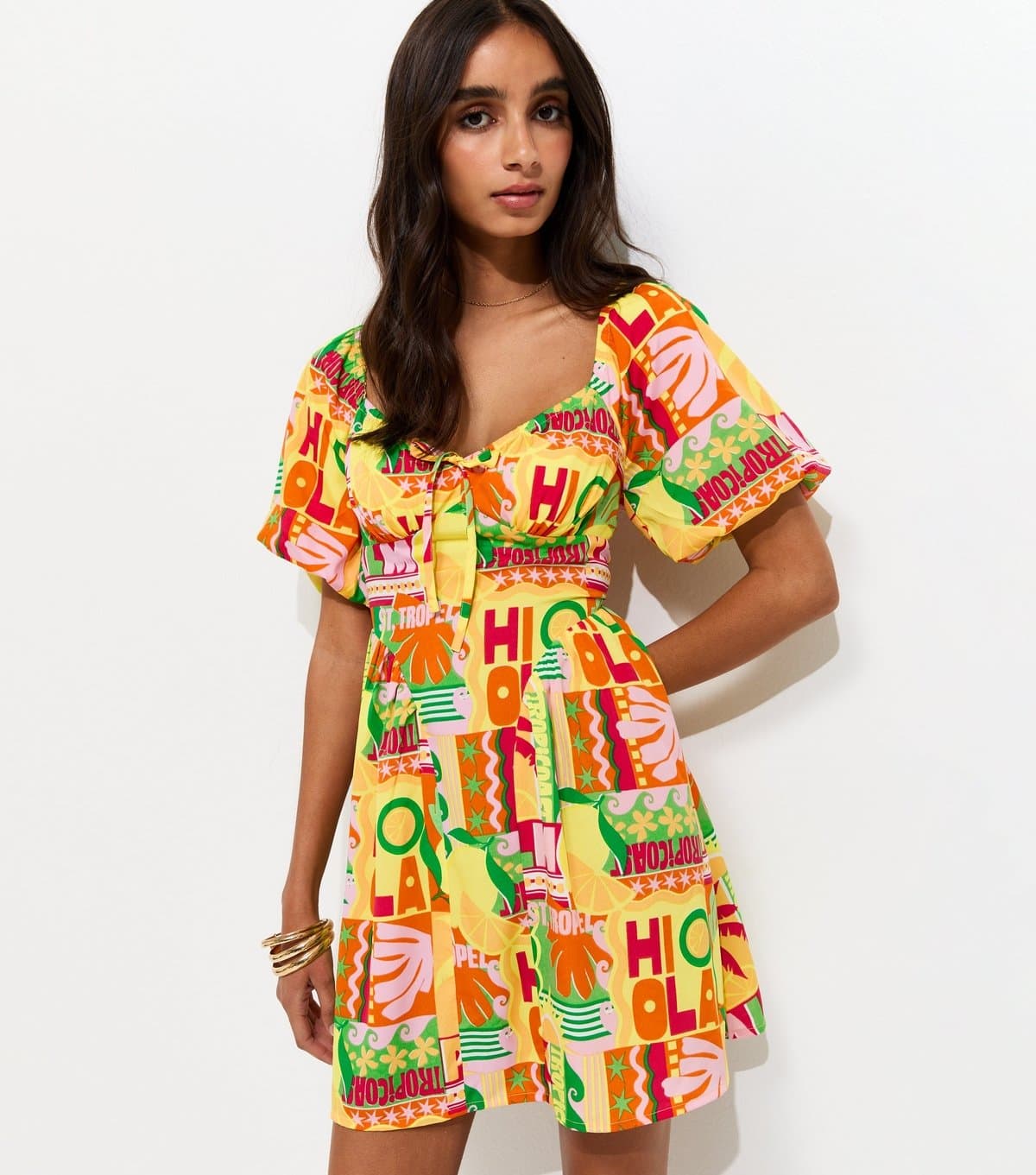 New Look Women's Yellow St Tropez Print Puff Sleeve Mini Dress New Look