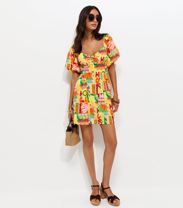 New Look Women's Yellow St Tropez Print Puff Sleeve Mini Dress New Look - 2
