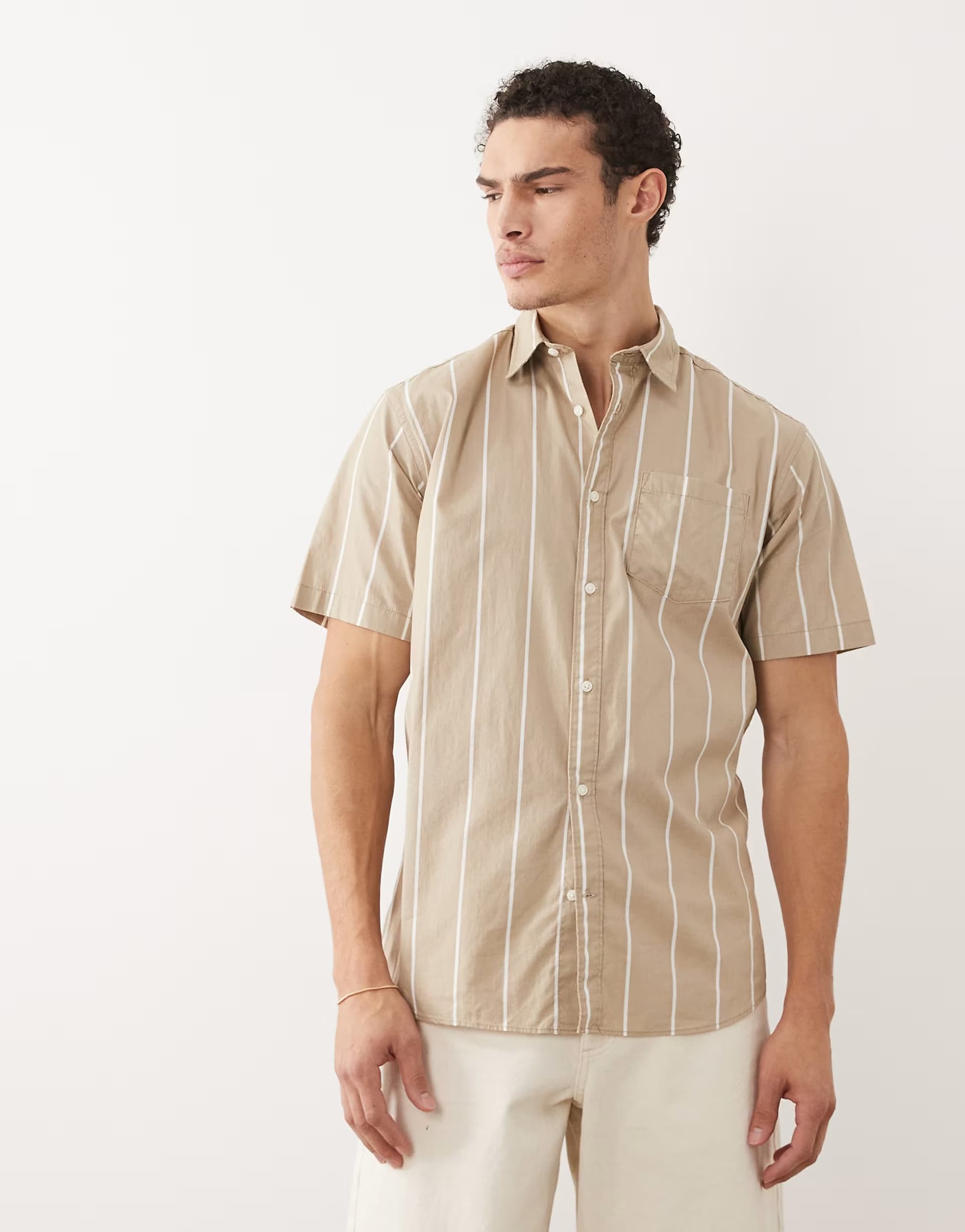 ASOS Jack & Jones short sleeve slim shirt in beige stripe