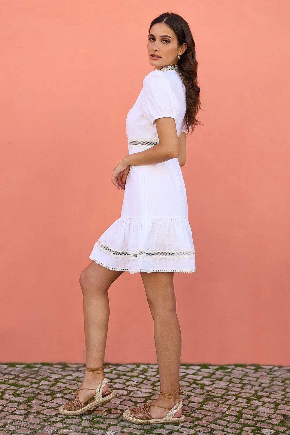 Yumi Yumi Women's White Cotton Lace Trim Skater Shirt Dress - 4