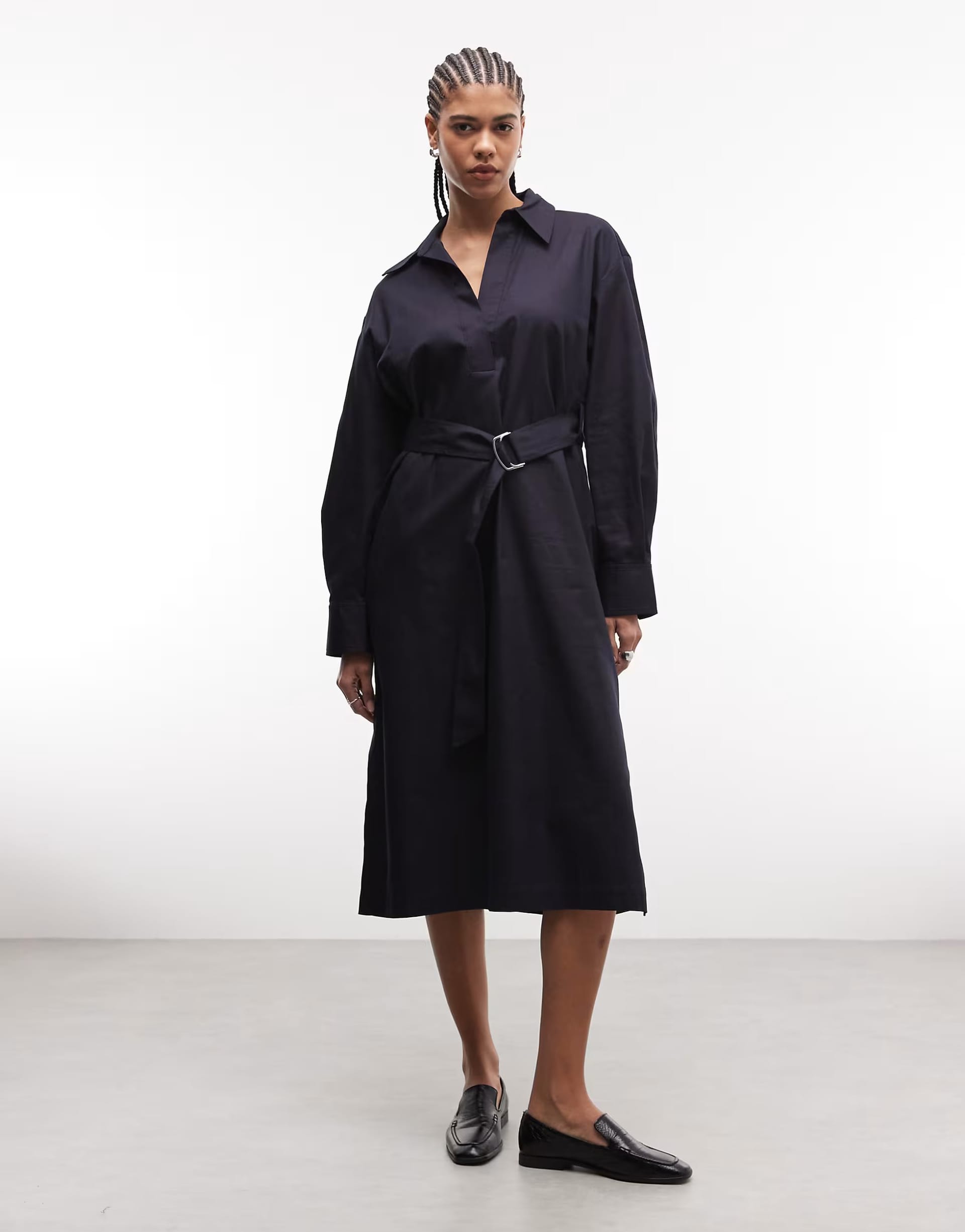 ASOS Dark Blue Cotton Midi Shirt Dress with Belt