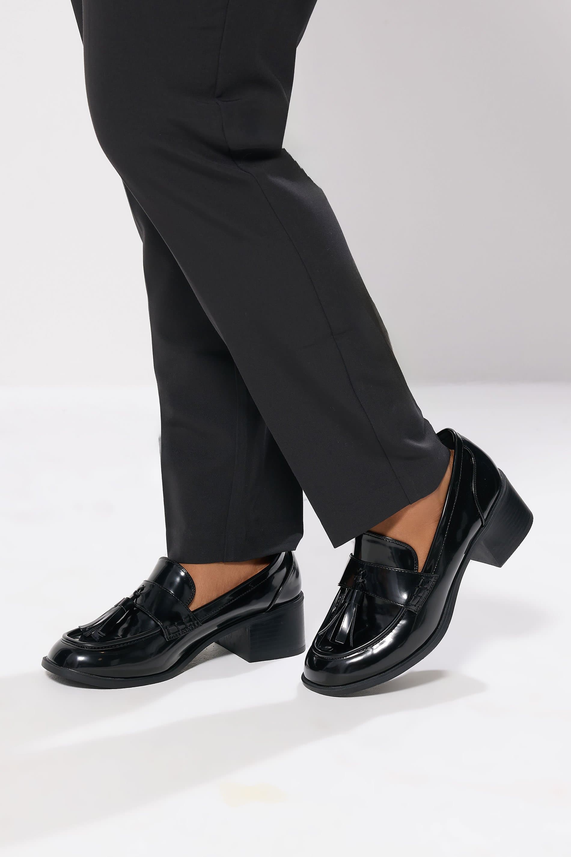 Yours Black Patent Heeled Tassel Loafers In Extra Wide Eee Fit