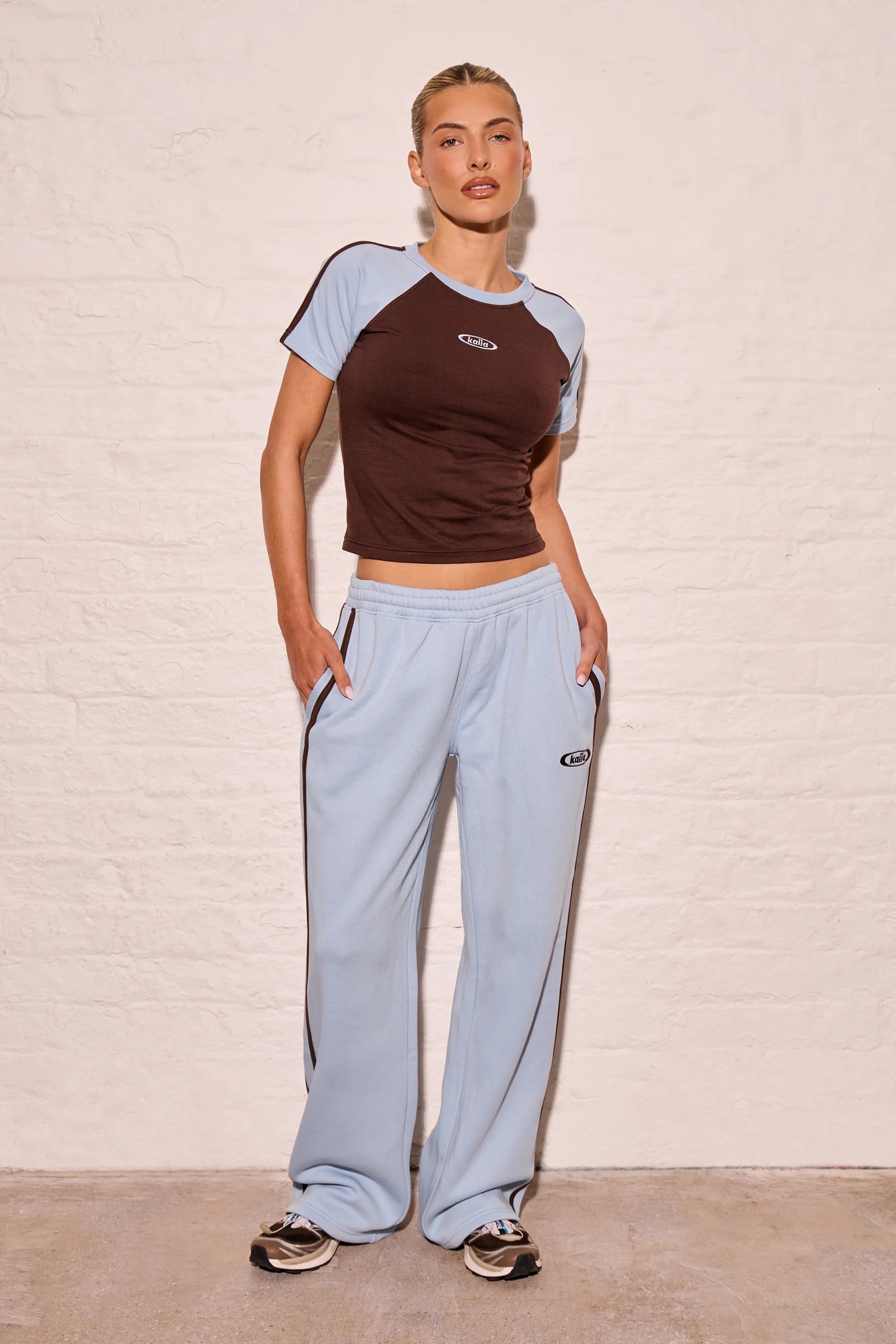 Kaiia Kaiia Contrast Panel Baby Tee Chestnut Brown & Dusty Blue - 3