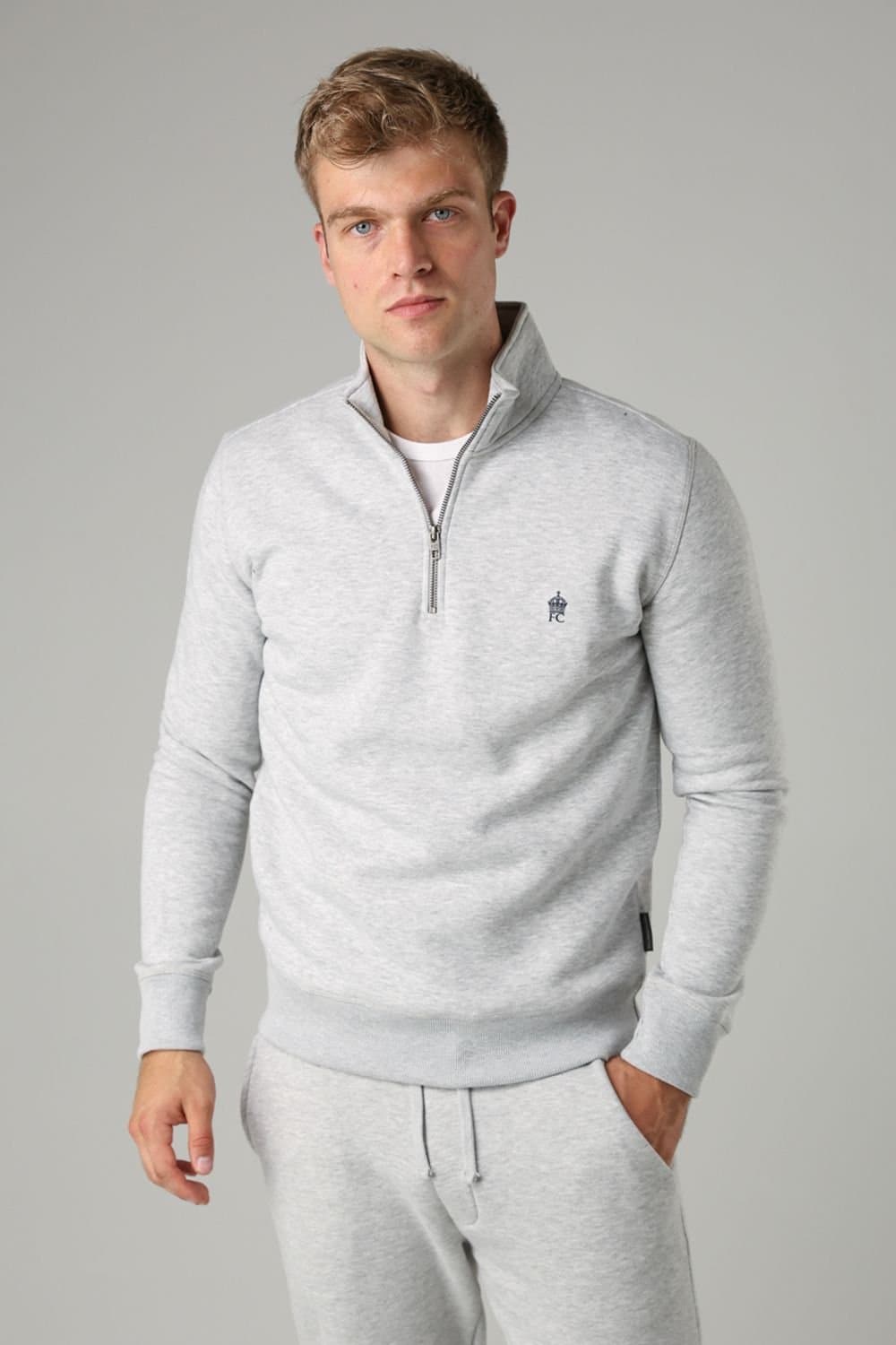 French Connection French Connection Men's Cotton Blend Half-Zip Jumper in Light Grey