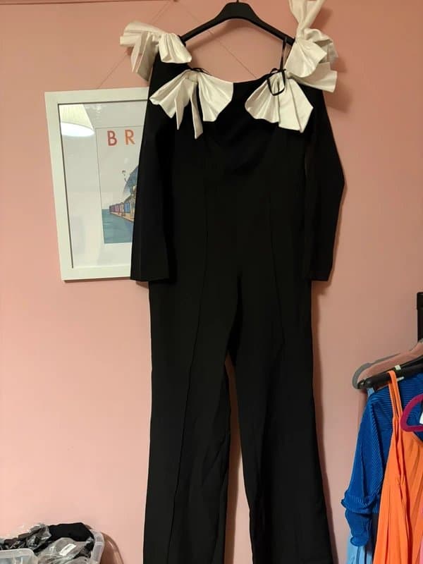 ASOS ASOS luxe satin bow off shoulder jumpsuit