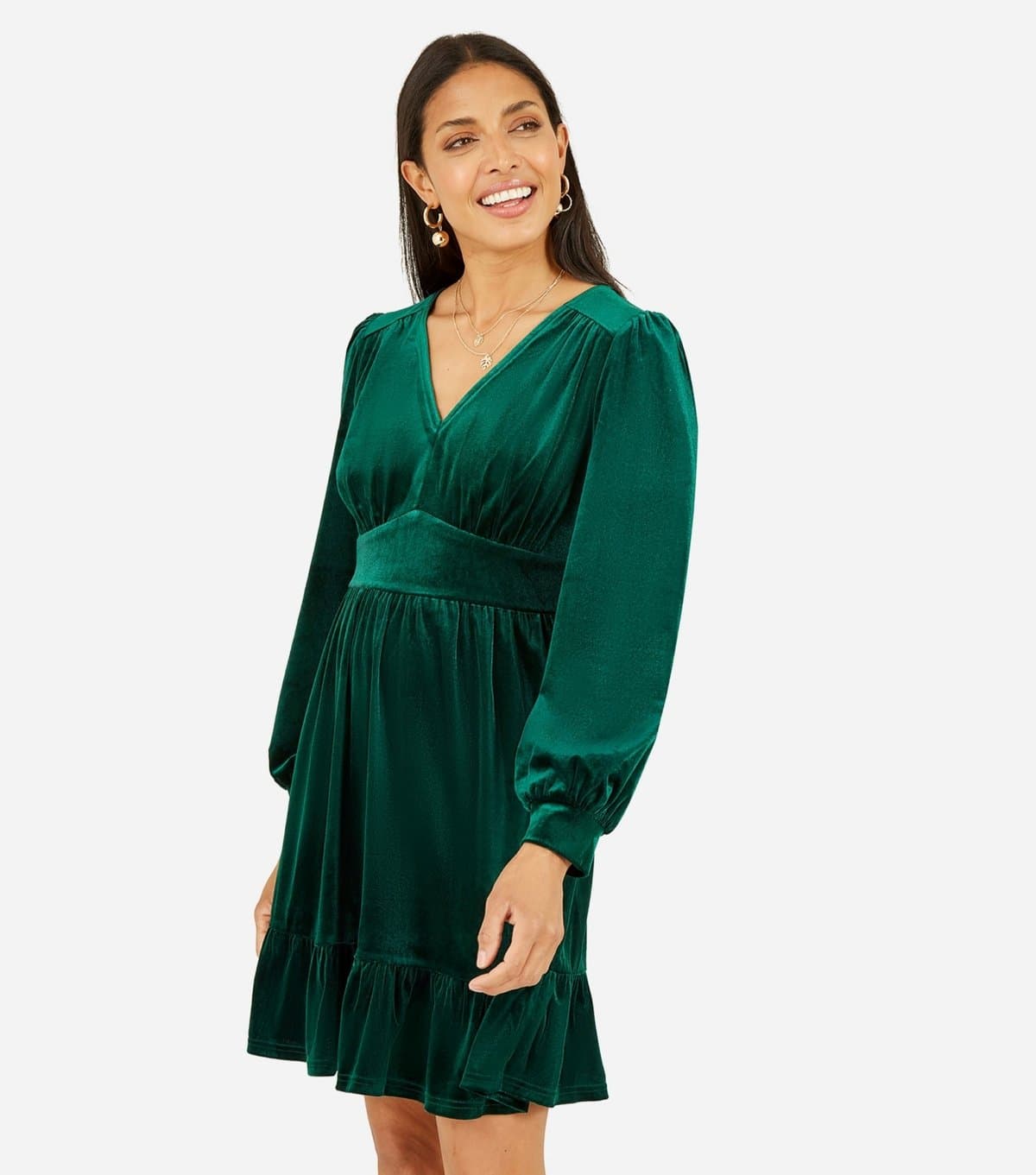 Yumi Women's Green Velvet Long Sleeve Skater Dress Yumi New Look