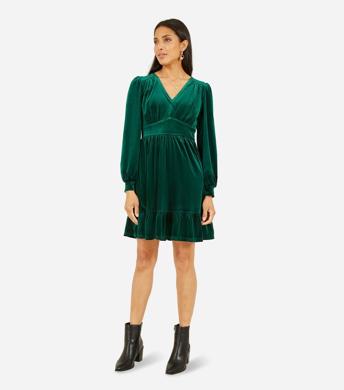 Yumi Women's Green Velvet Long Sleeve Skater Dress Yumi New Look - 2