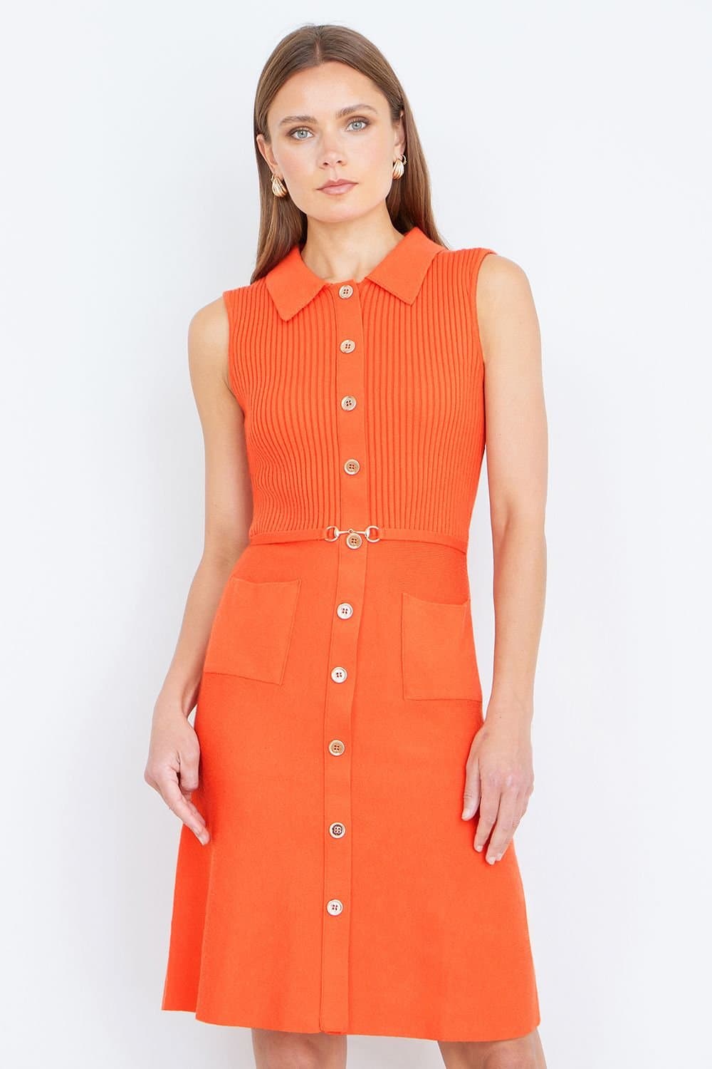 Yumi Yumi Women's Orange Rib Knitted Skater Dress With Buckle Detail