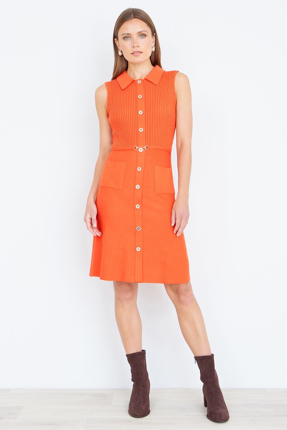 Yumi Yumi Women's Orange Rib Knitted Skater Dress With Buckle Detail - 2