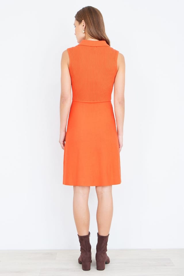 Yumi Yumi Women's Orange Rib Knitted Skater Dress With Buckle Detail - 3