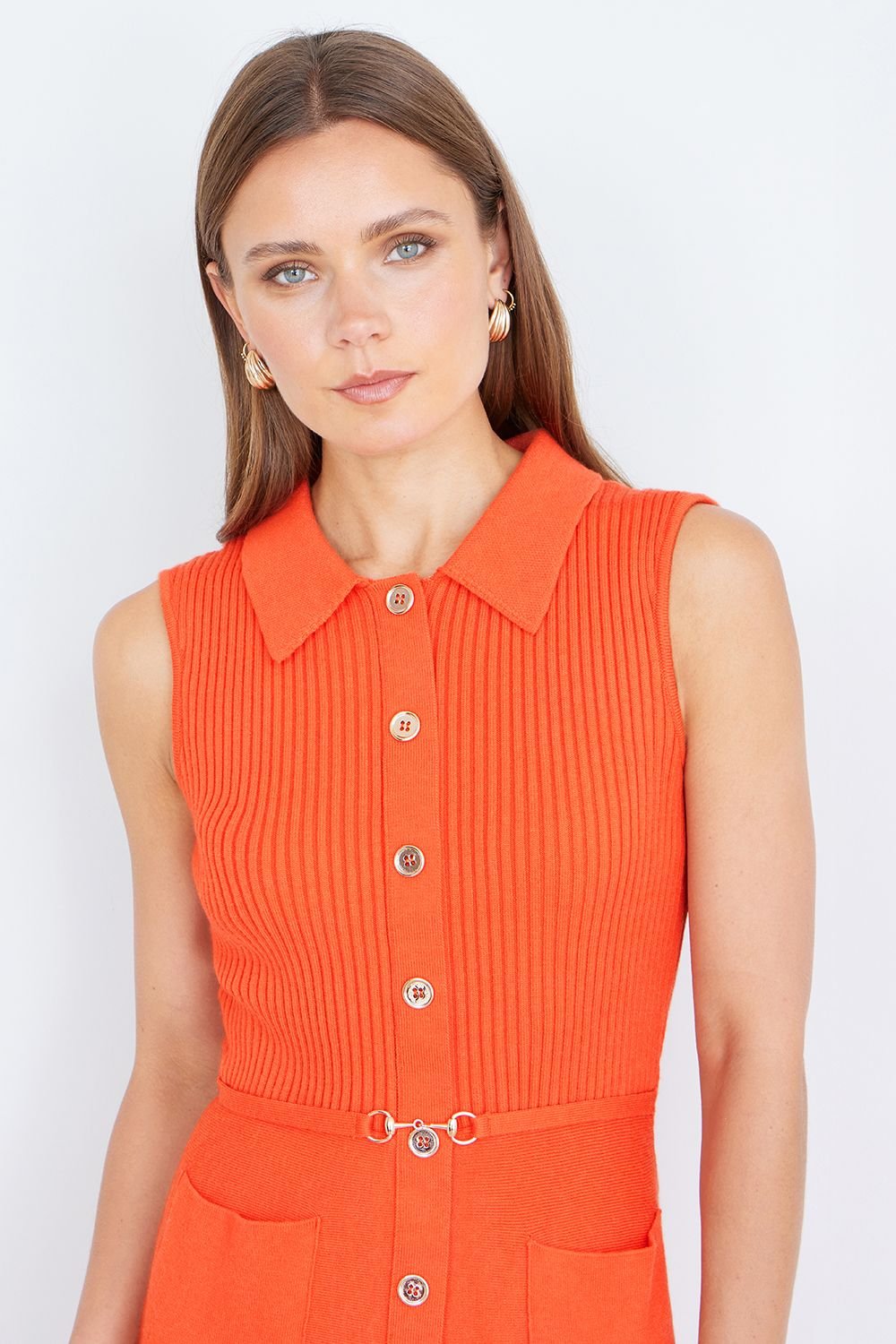 Yumi Yumi Women's Orange Rib Knitted Skater Dress With Buckle Detail - 4