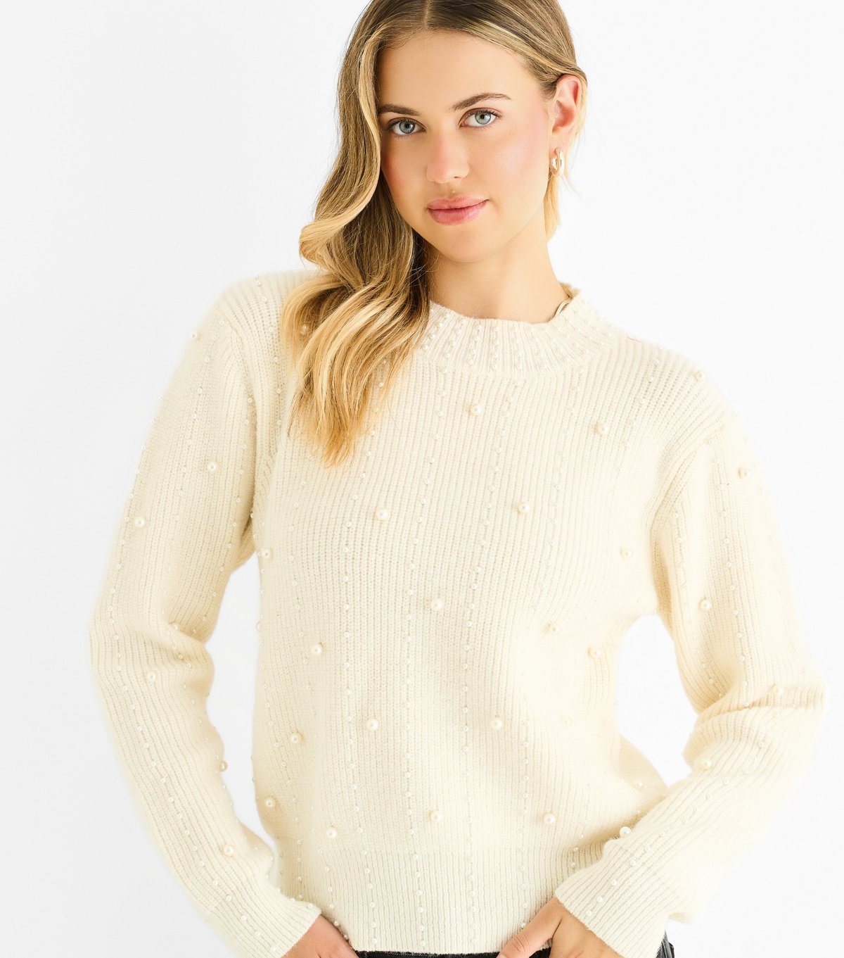 Gini London Women's Cream Faux Pearl Studded High Neck Jumper Gini London New Look - 2