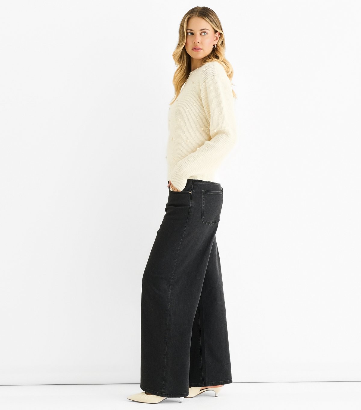 Gini London Women's Cream Faux Pearl Studded High Neck Jumper Gini London New Look - 3