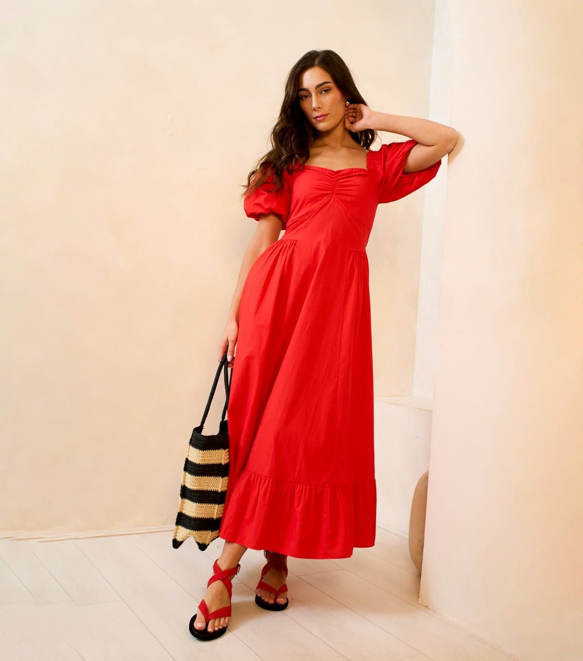 Gini London Women's Bright Red Puff Sleeves Midi Dress Gini London New Look