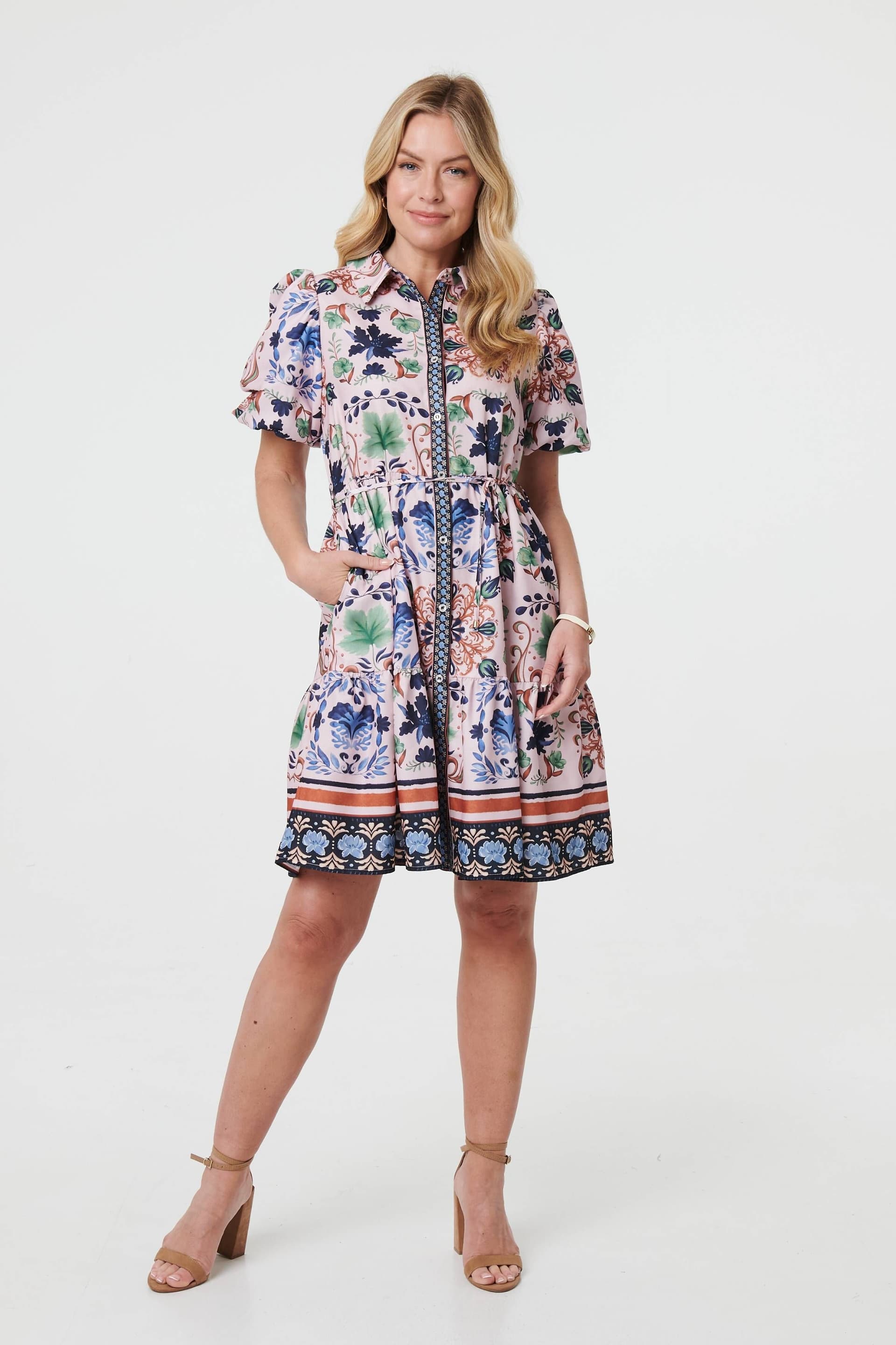 Izabel London Izabel London Women's Printed Tie-Up Waist Knee Length Dress in Pink