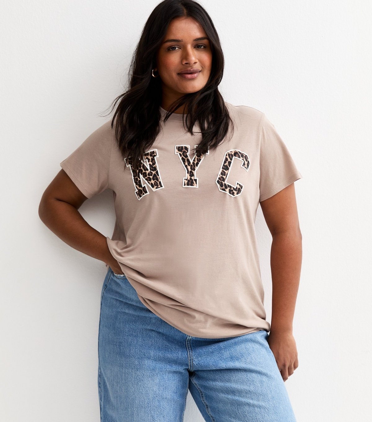 New Look Women's Plus Size Mink NYC Leopard Print Logo T-Shirt Curves New Look - 2