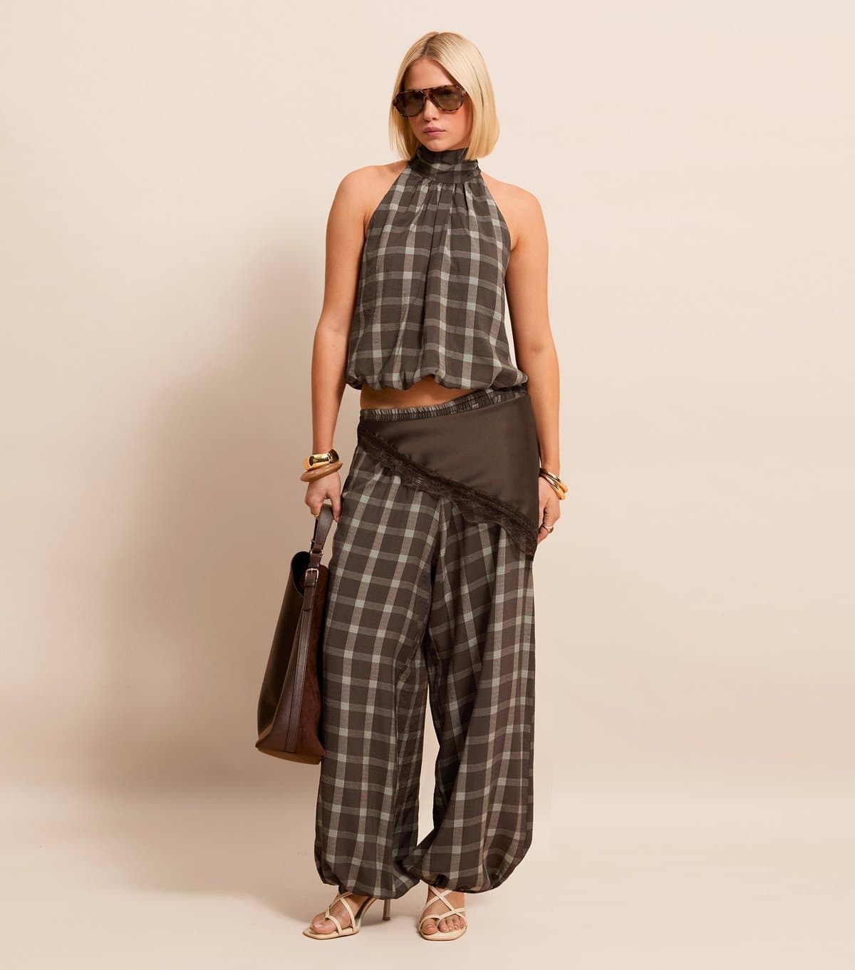 New Look Women's Brown Check Cuffed Leg Trousers New Look