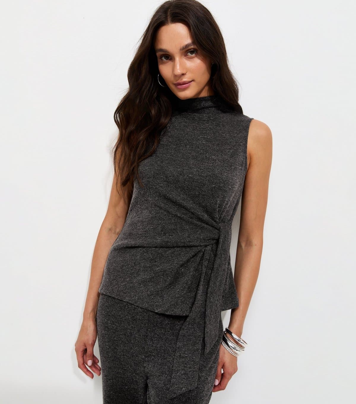 New Look Women's Dark Grey Knotted High Neck Sleeveless Top New Look