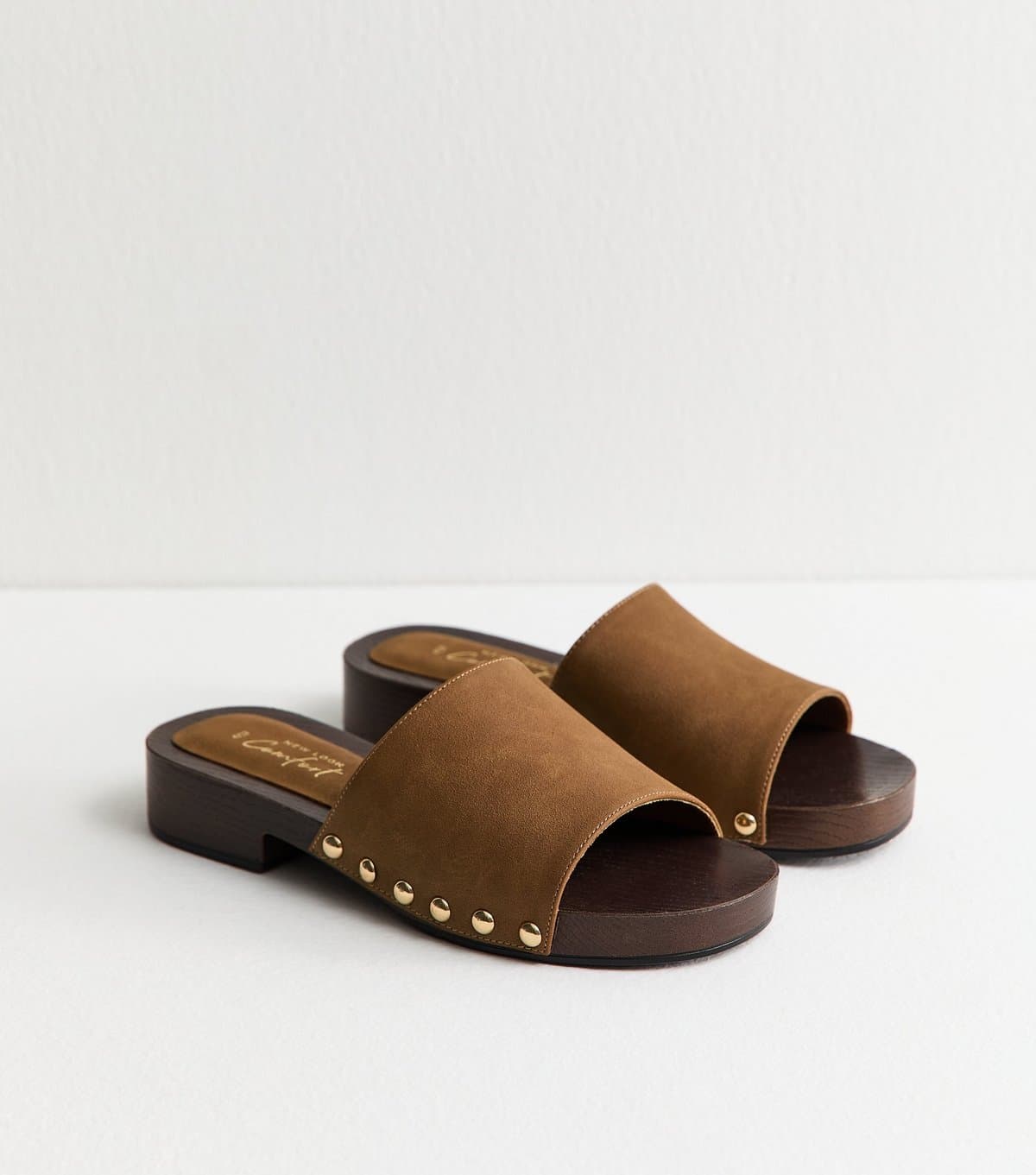 New Look Women's Tan Faux Suede Mule Clog Sandals Vegan New Look