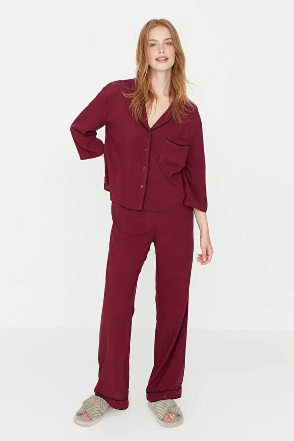 WOVCOR WOVCOR Women's Viscose Woven Sleepwear 2-Piece Pajama Set in Burgundy - 3