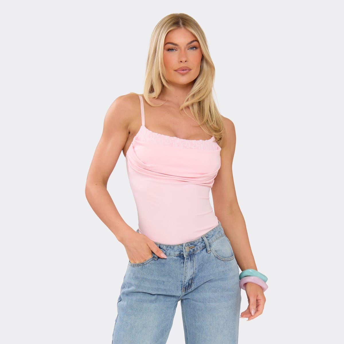 EGO Strappy Lace Contrast Ruched Detail Bodysuit In Pink, Women's Size UK L - 1