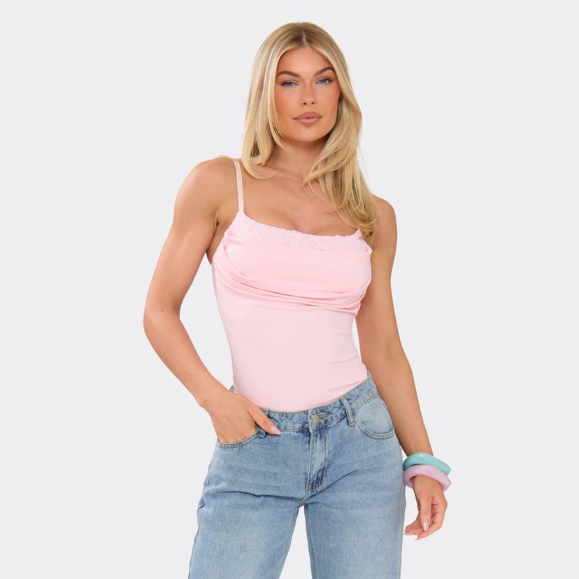 EGO Strappy Lace Contrast Ruched Detail Bodysuit In Pink, Women's Size UK L - 1