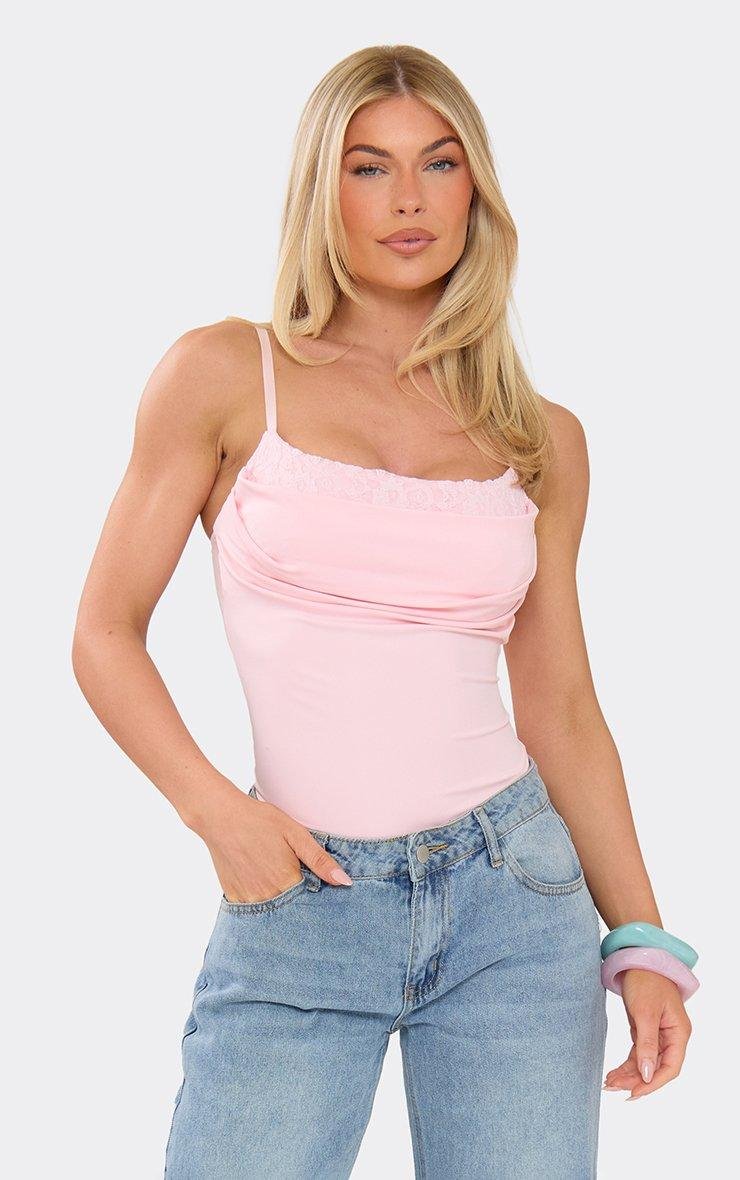 EGO Strappy Lace Contrast Ruched Detail Bodysuit In Pink, Women's Size UK L - 2