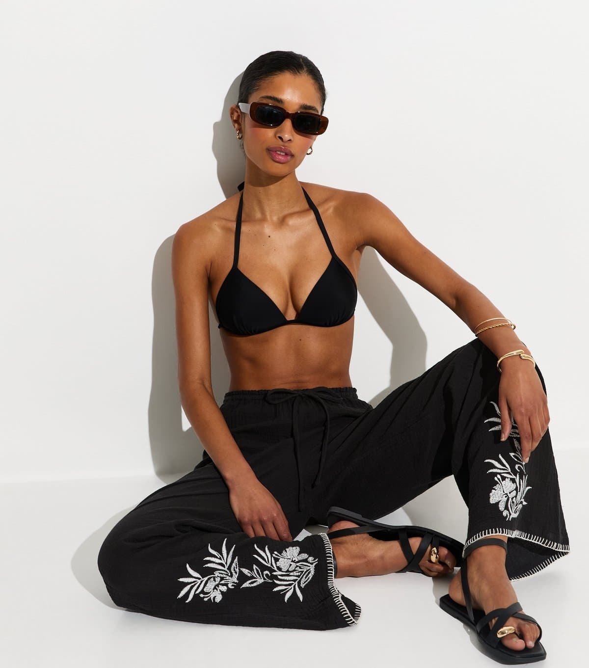 New Look Women's Black Palm Embroidered Trousers New Look