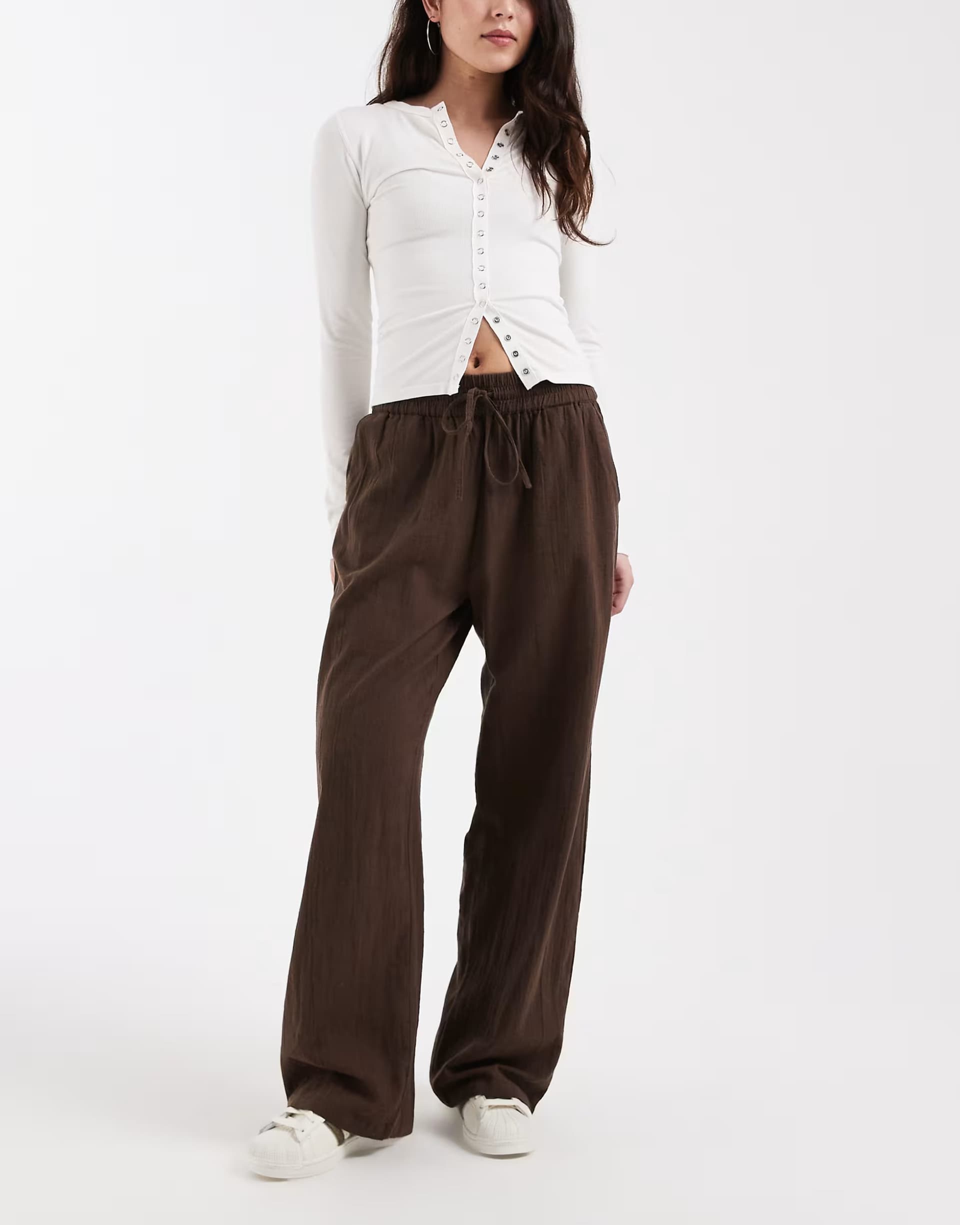 ASOS ONLY wide leg linen look trousers in brown