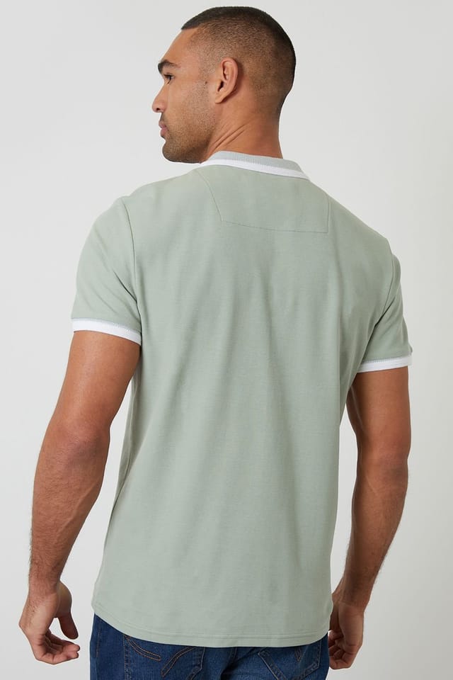 Threadbare Threadbare Men's Cotton Tipping Collar Quarter Zip Pique Polo Shirt in Pale Green - 2