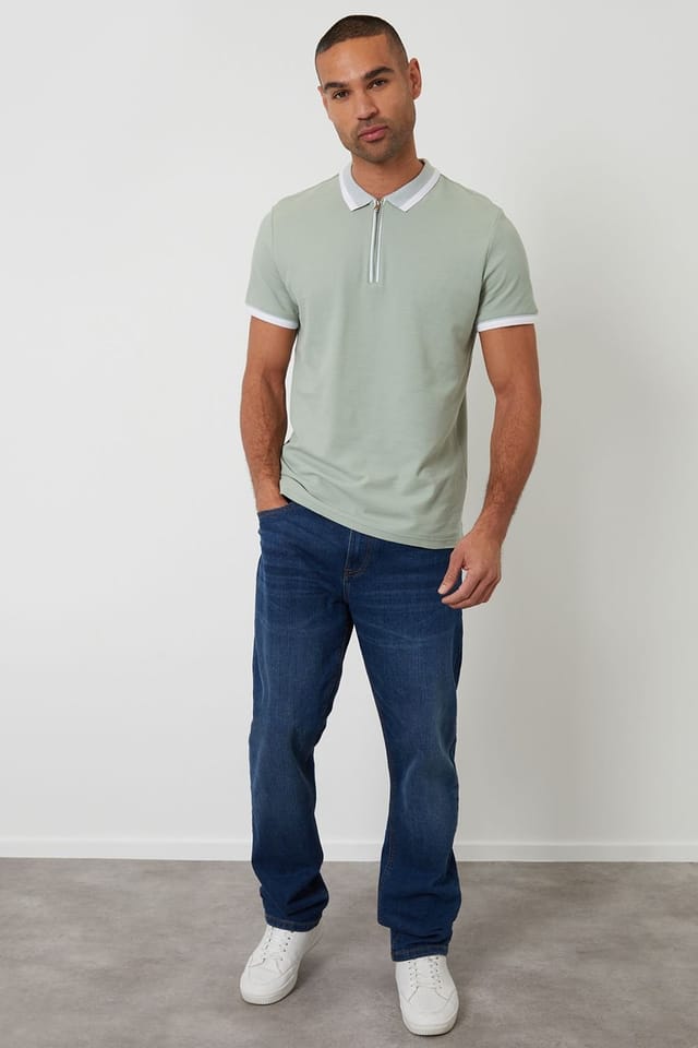 Threadbare Threadbare Men's Cotton Tipping Collar Quarter Zip Pique Polo Shirt in Pale Green - 3