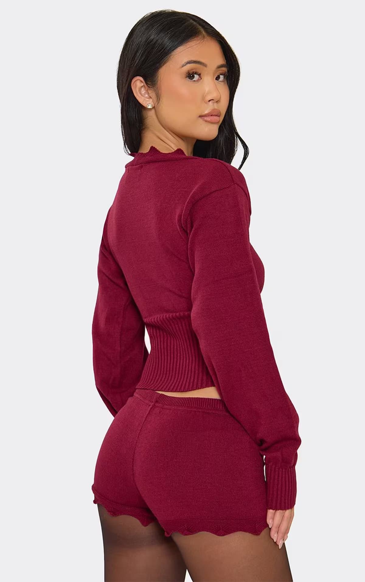 EGO Low Rise Scallop Hem Hot Pant Shorts In Burgundy Knit, Women's Size UK S