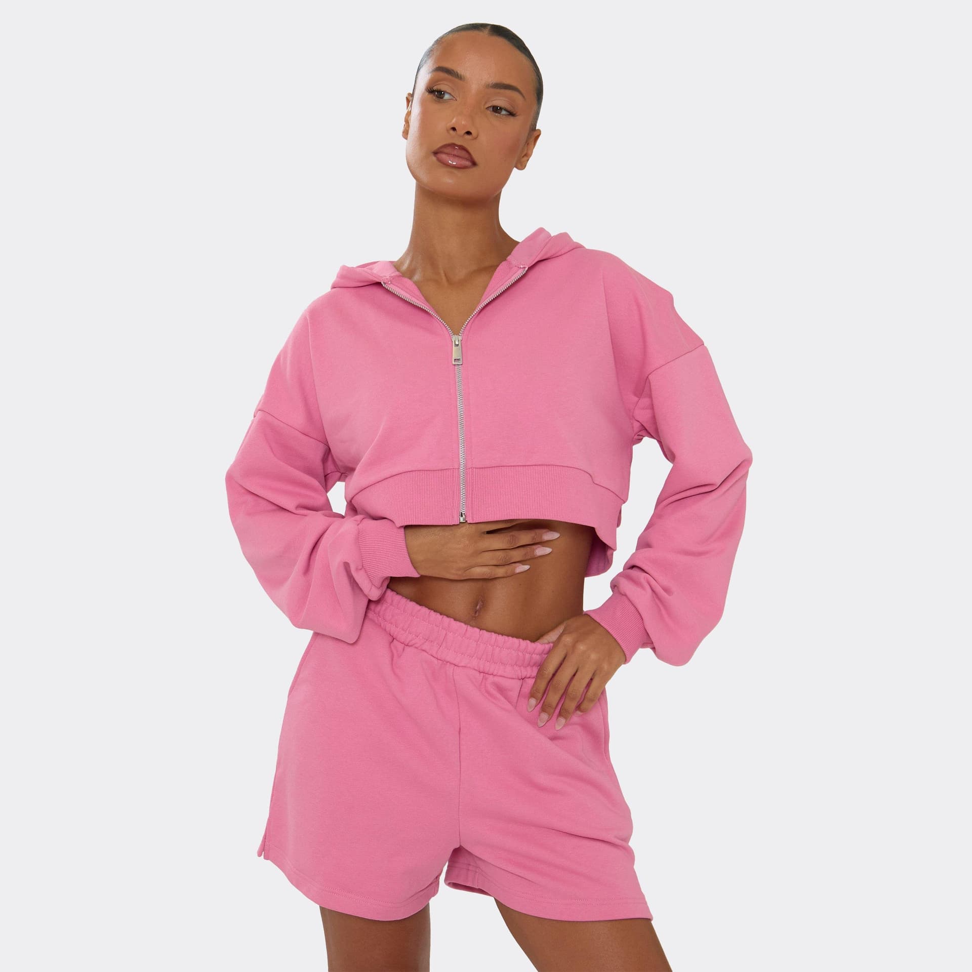 EGO EGO Hot Pink Boxy Zip Up Cropped Hoodie