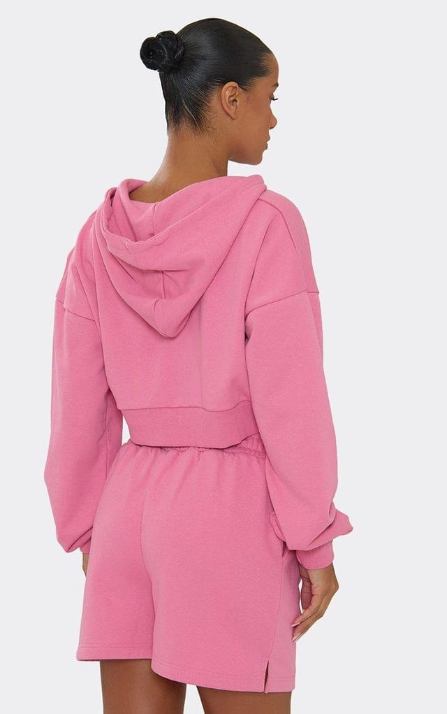 EGO Long Sleeve Boxy Zip Up Cropped Hoodie In Hot Pink, Women's Size UK 6 - 2