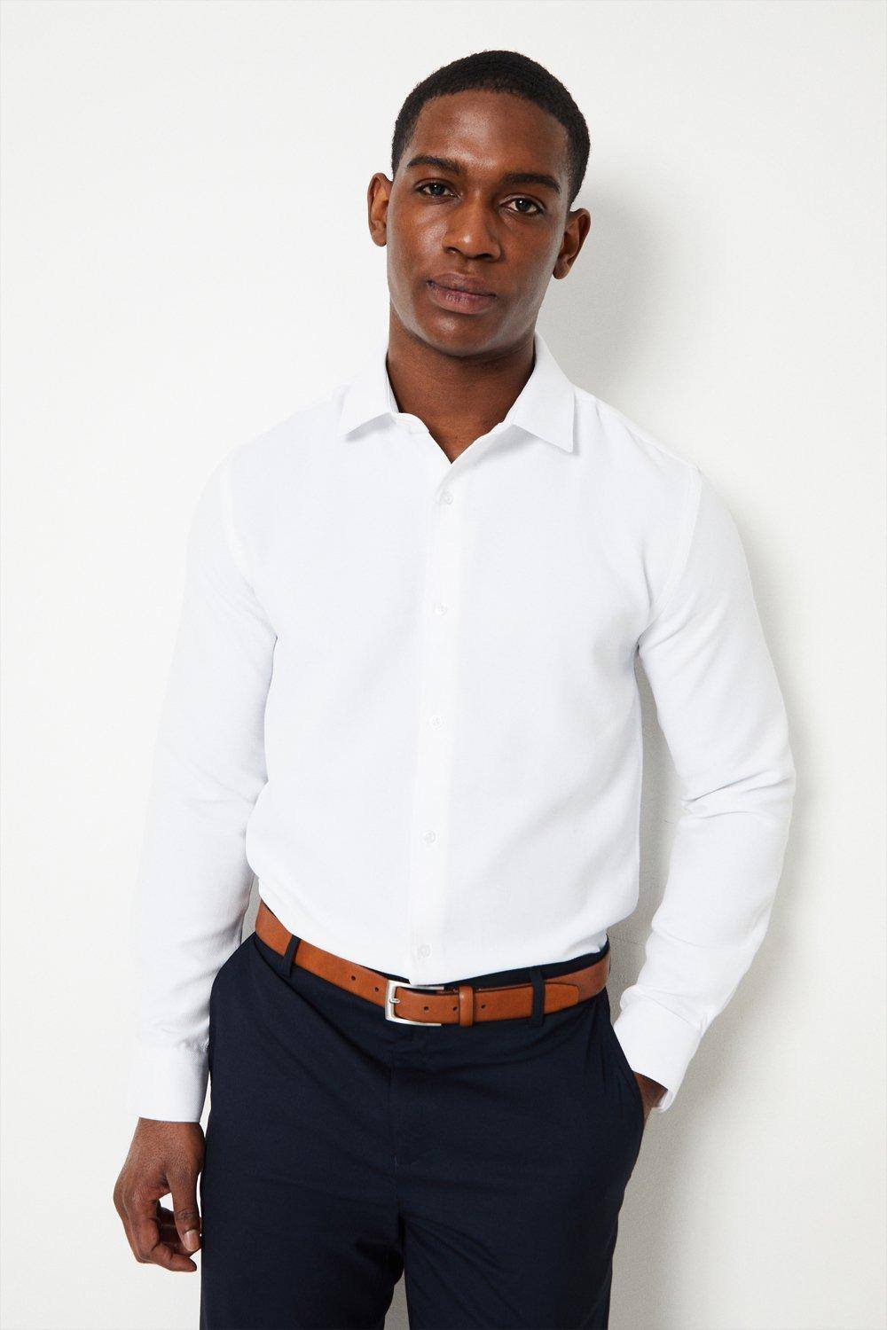 Burton Burton Men's White Tailored Fit Basketweave Long Sleeve Shirt - 2