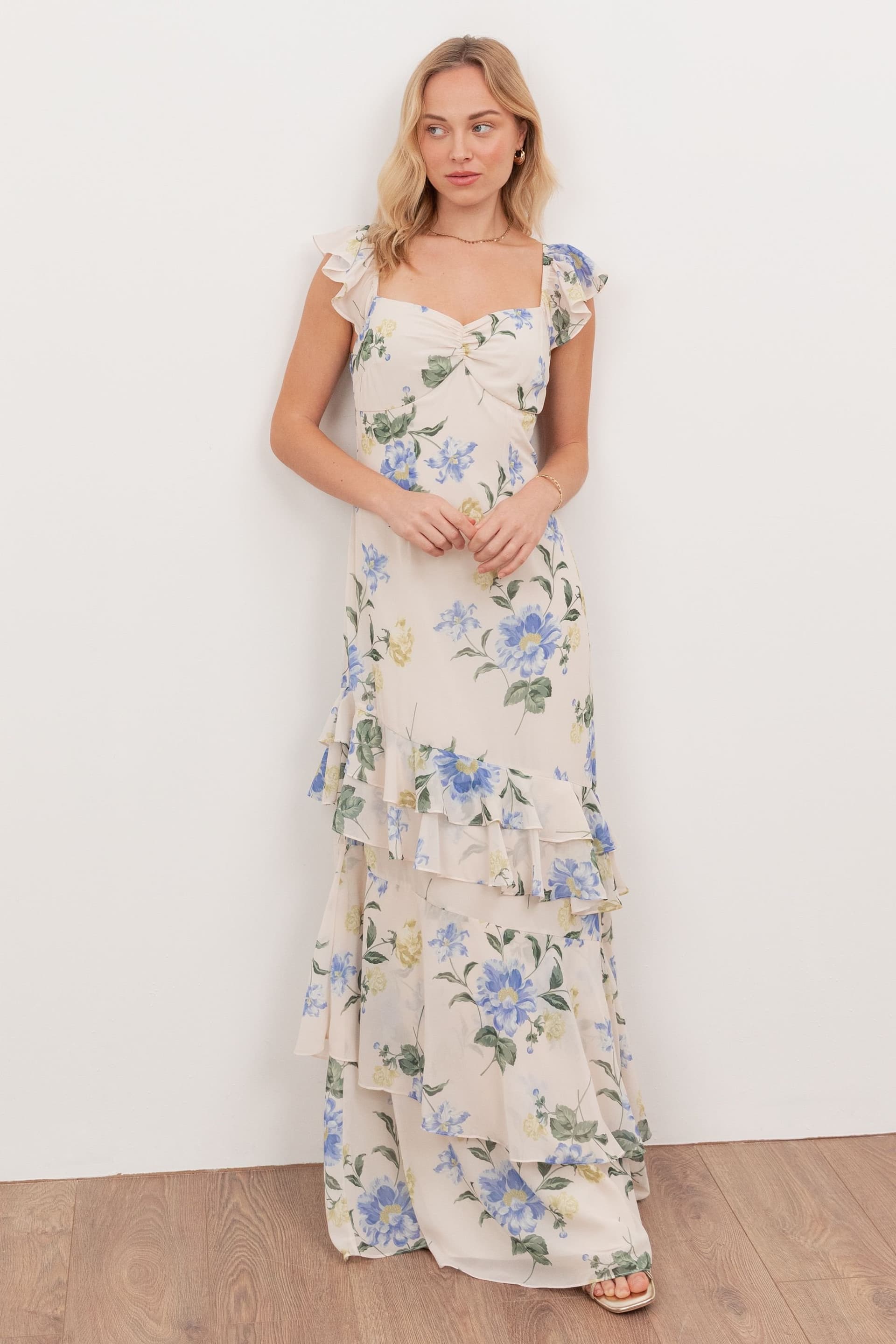 Anaya with Love Anaya with Love Women's Flutter Sleeve Asymmetric Ruffle Maxi Dress in Off-White