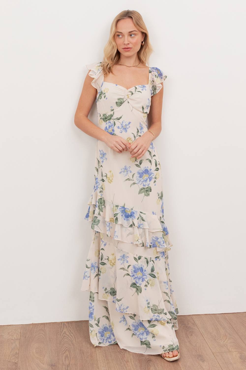 Anaya with Love Anaya with Love Women's Flutter Sleeve Asymmetric Ruffle Maxi Dress in Off-White - 2