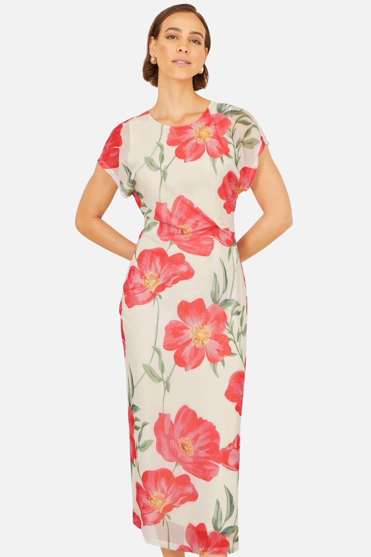 Yumi Yumi Women's Poppy Print Midi Mesh Dress in Off-White