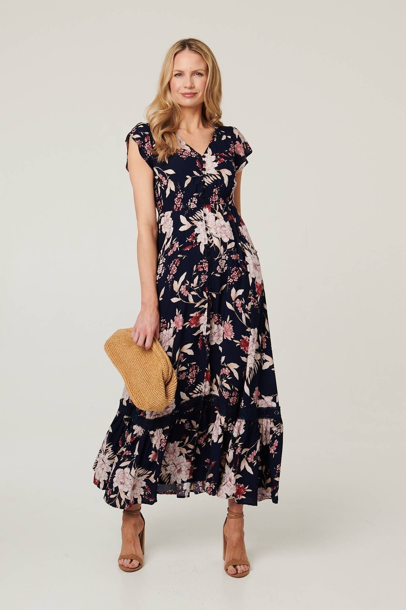 Izabel London Izabel London Women's Floral V-Neck Tiered Maxi Dress in Navy