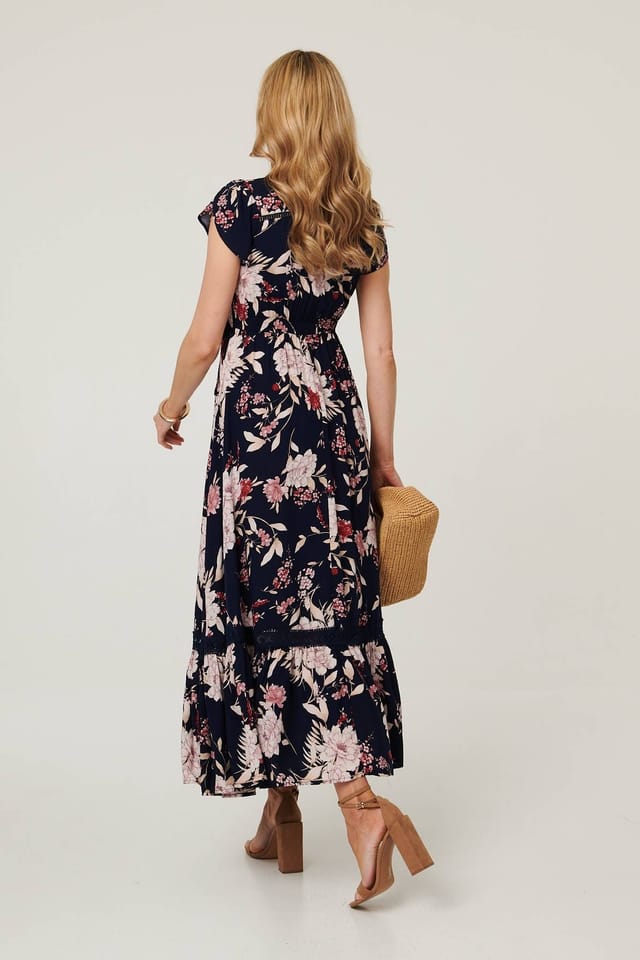 Izabel London Izabel London Women's Floral V-Neck Tiered Maxi Dress in Navy - 3