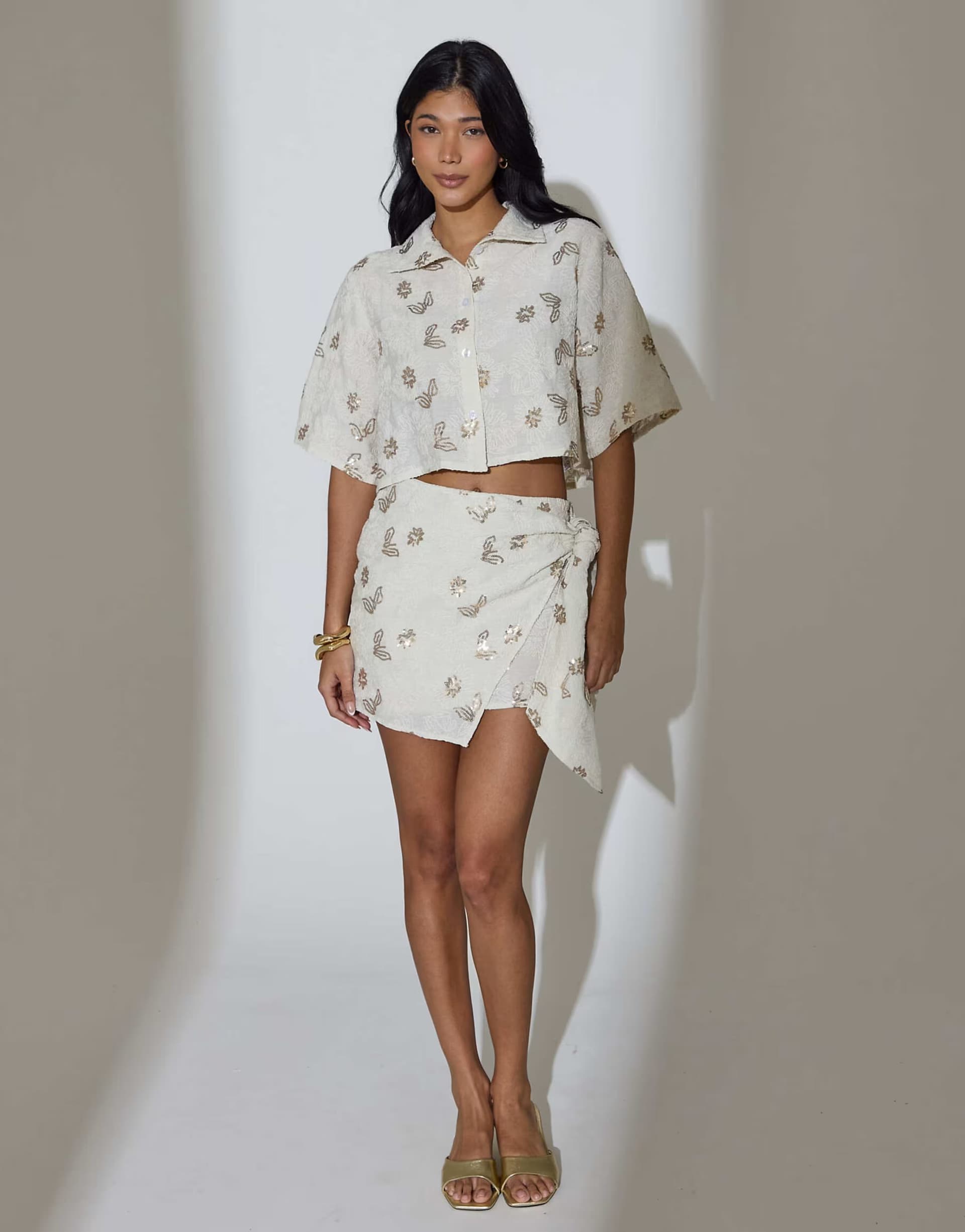 ASOS South Beach Floral sequin embroidered wrap mini skirt in cream