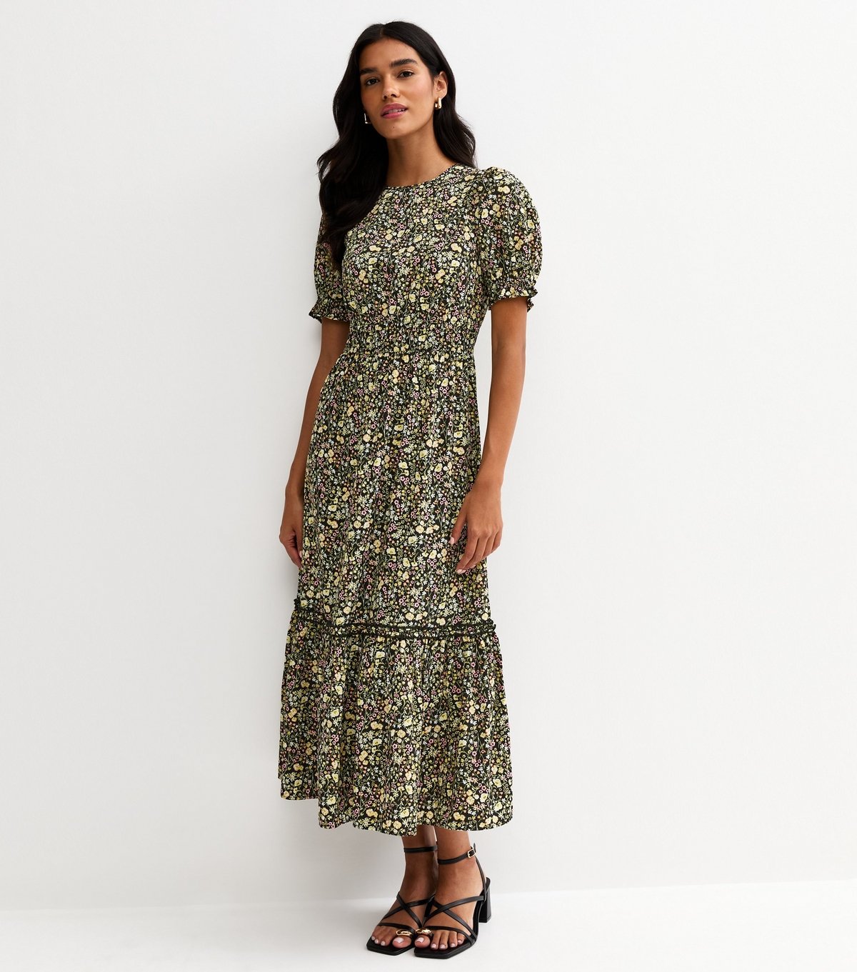 New Look Women's Black Crepe Floral Print Short Sleeve Tiered Midi Dress New Look - 3