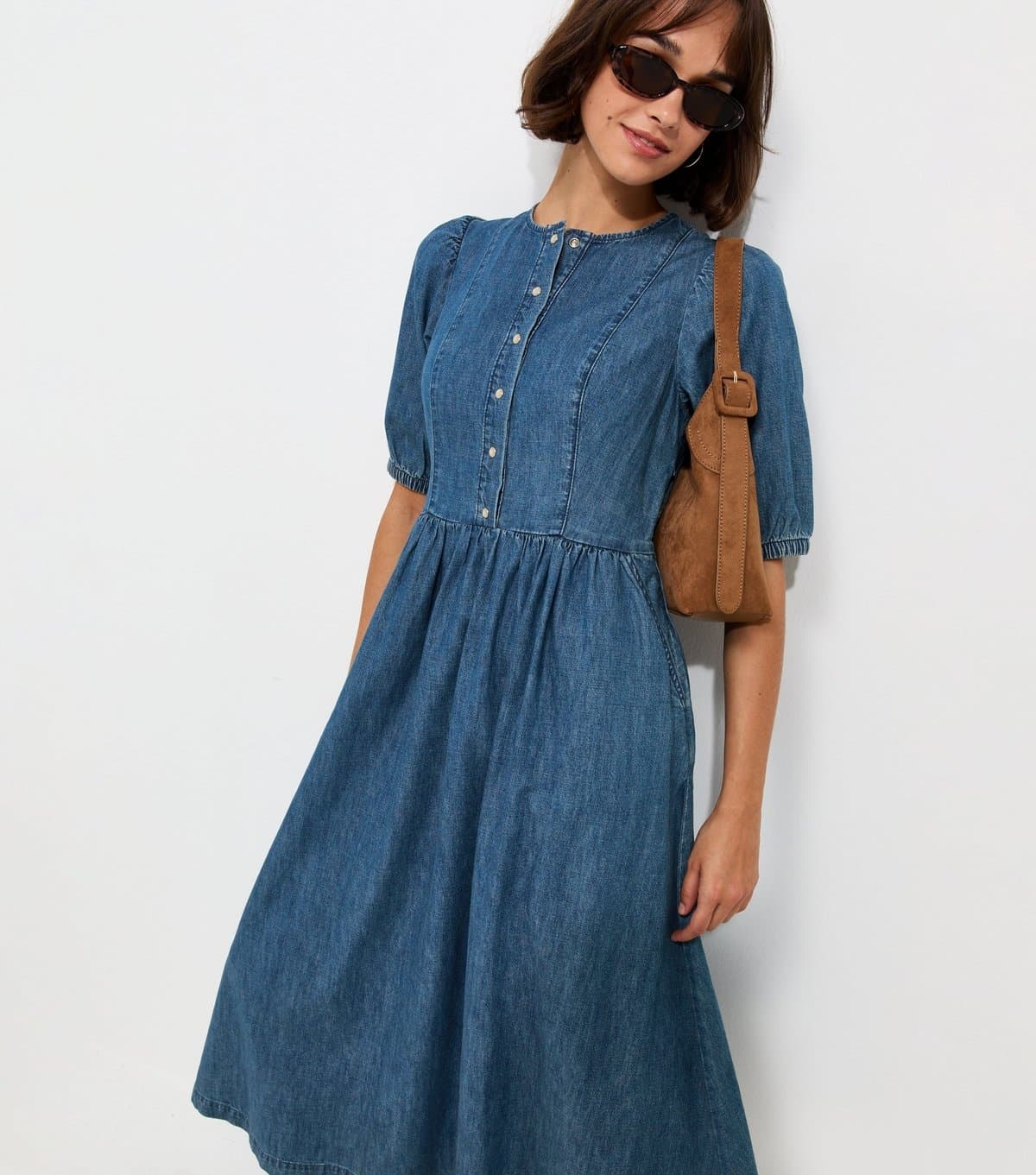 New Look Women's Blue Denim Press Stud Short Sleeve Midi Dress New Look
