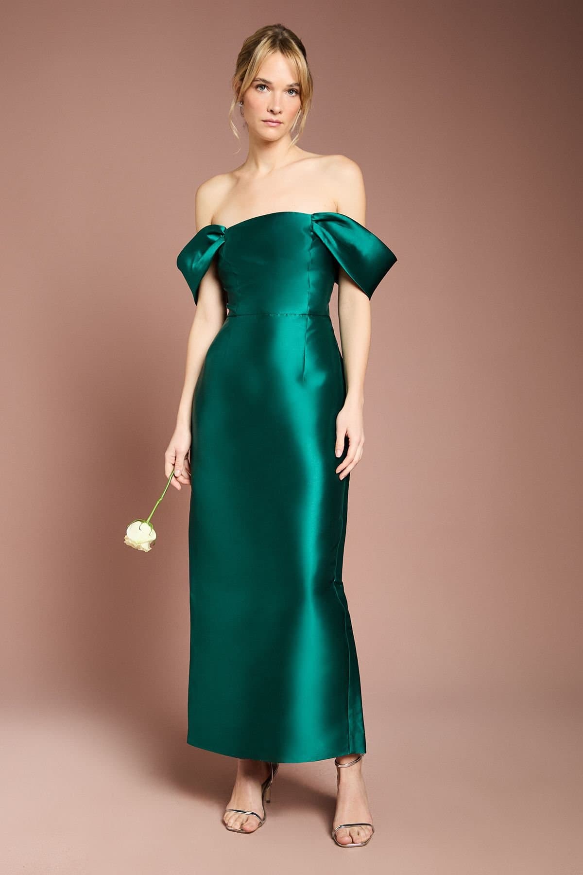 Coast Coast Women's Honoured Twill Bardot Column Midi Bridesmaid Dress in Emerald