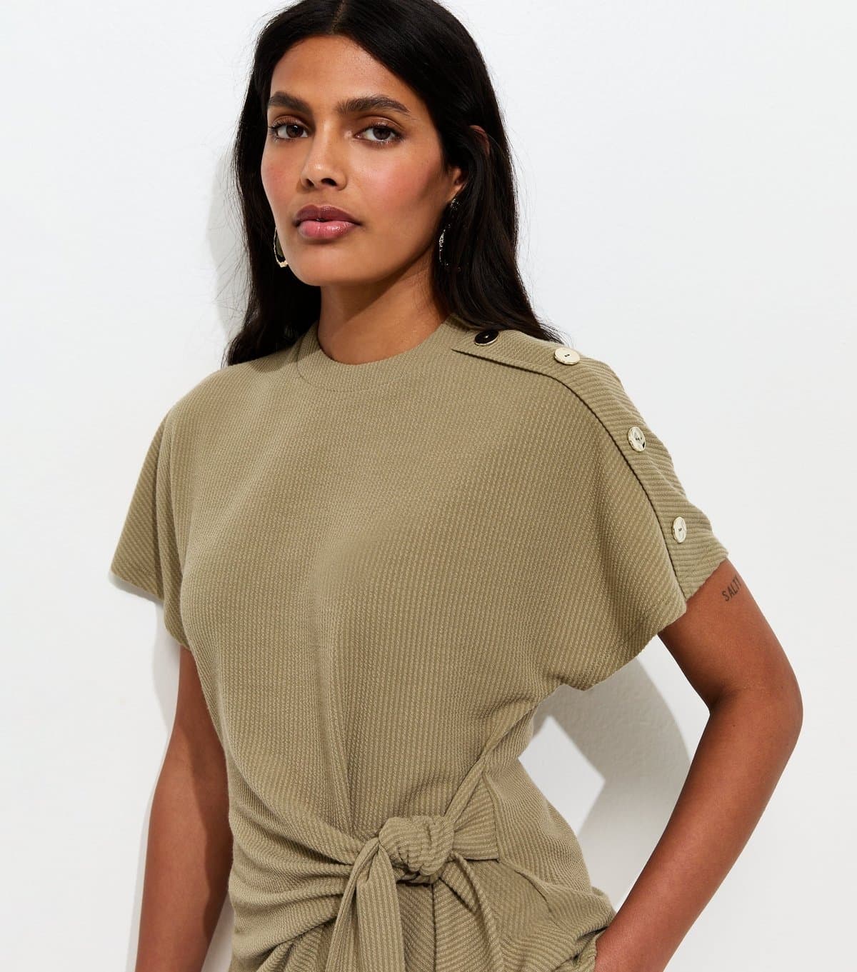New Look Women's Light Khaki Ribbed Texture Button Detail Side Tie Top New Look