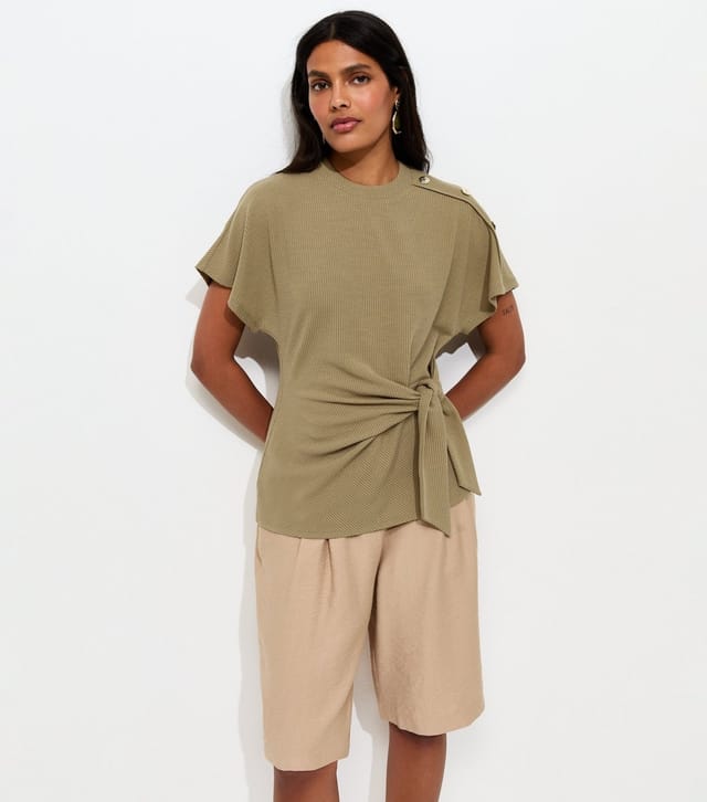 New Look Women's Light Khaki Ribbed Texture Button Detail Side Tie Top New Look - 2