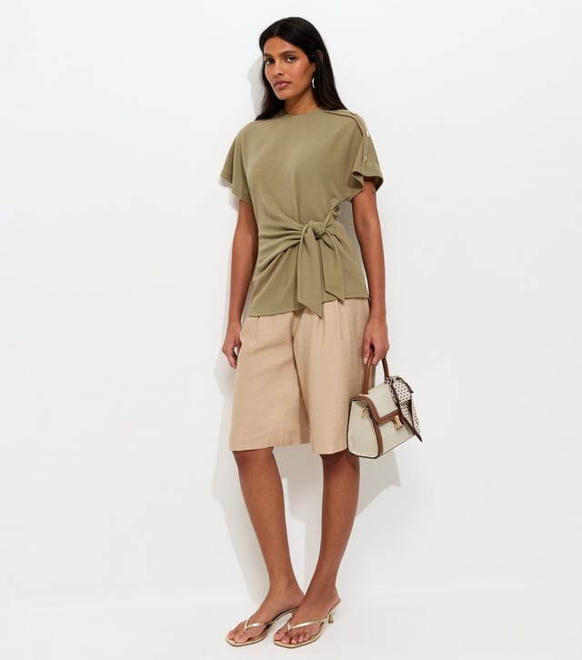 New Look Women's Light Khaki Ribbed Texture Button Detail Side Tie Top New Look - 3