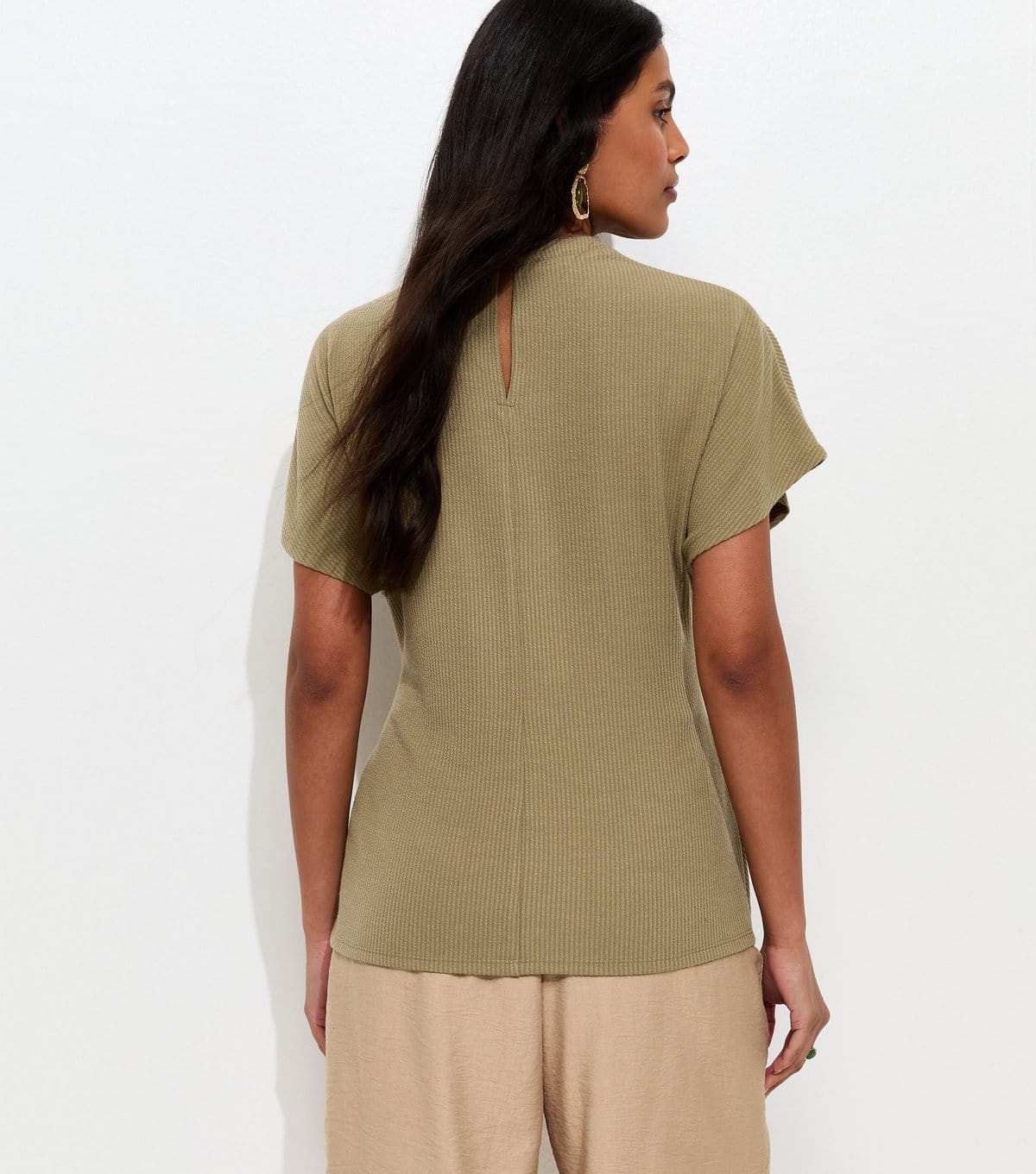 New Look Women's Light Khaki Ribbed Texture Button Detail Side Tie Top New Look - 4
