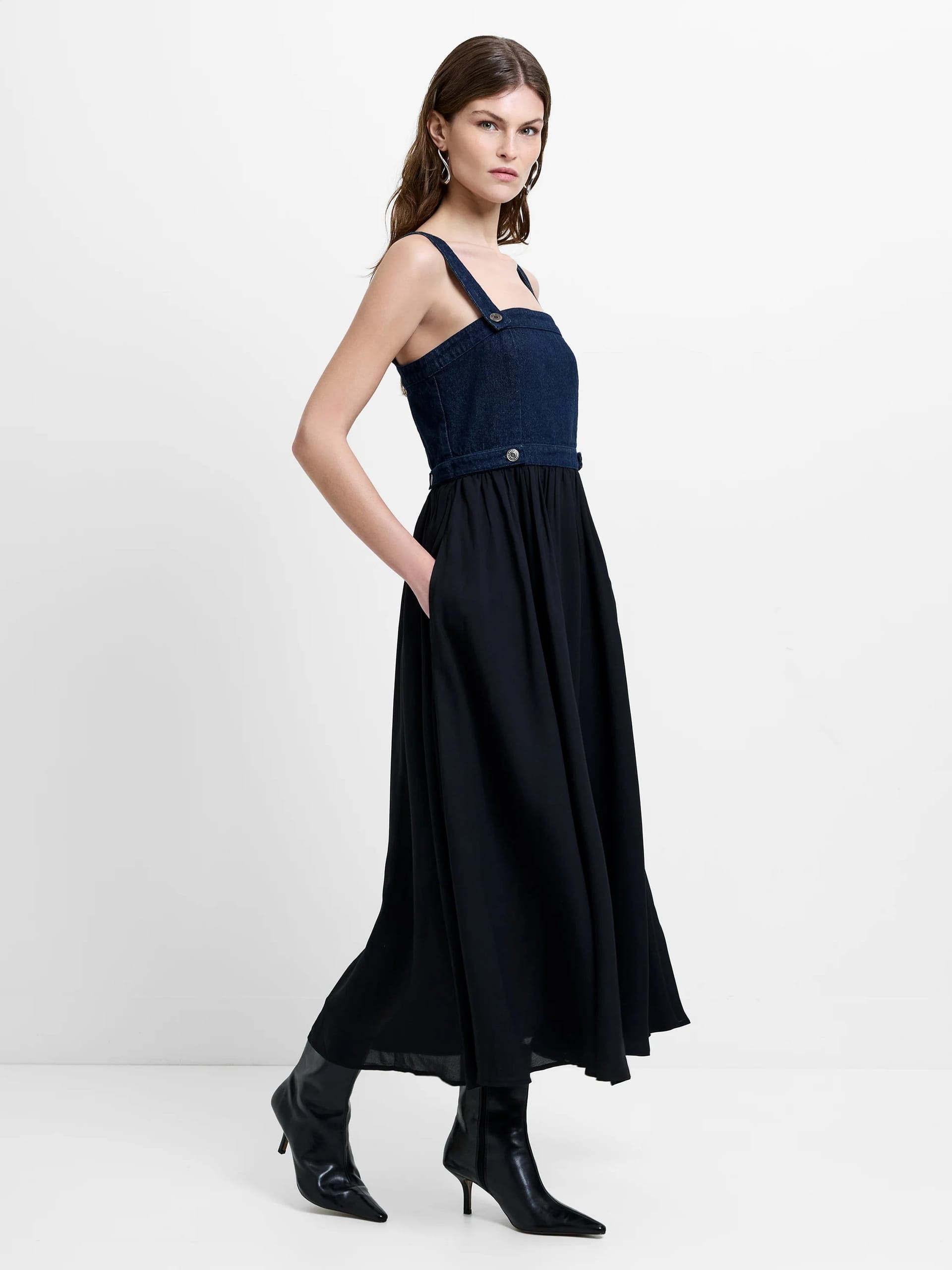 French Connection Black/Blue Denim Mix Midi Dress