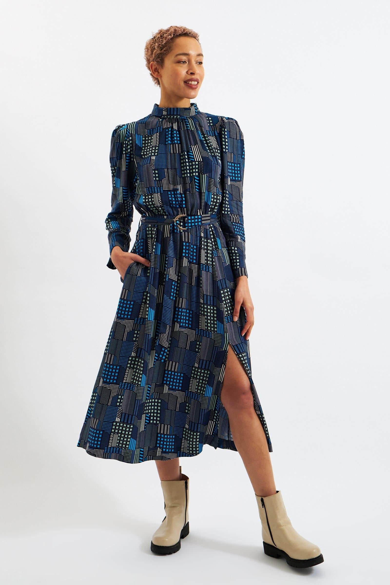 Louche Louche Women's Ygritte Geo City Print Long Sleeve Midi Dress in Blue